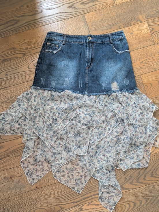 POL Dresses & Skirts - POL Denim Top with Floral Ruffle High-Low Skirt - Blue & Cream